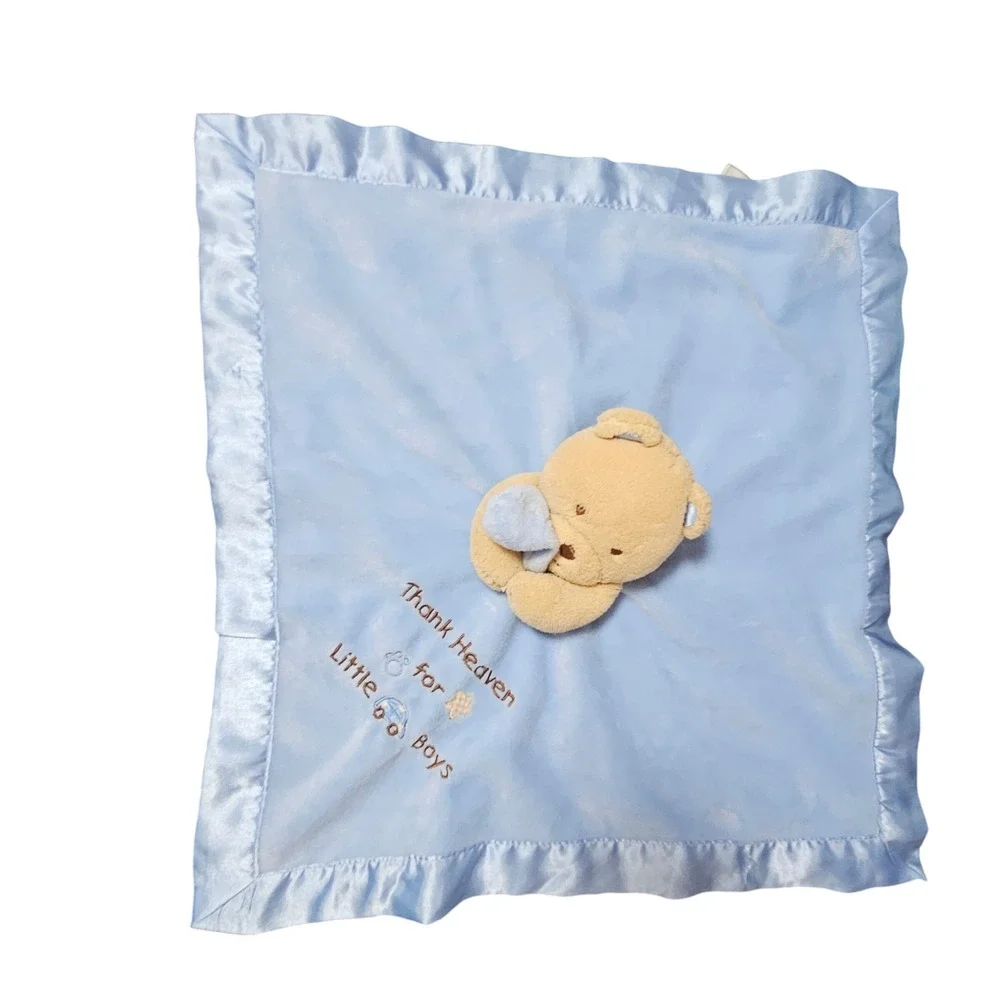 Okie Dokie Thank Heaven for Little Boys Blue Teddy Bear Satin Trim Lovey Blanket